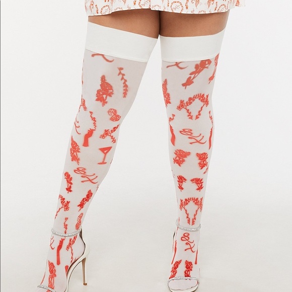 Savage X Fenty Roasted Red Fresh Ink Lined & Laced Stay-Up Stockings - Picture 5 of 13